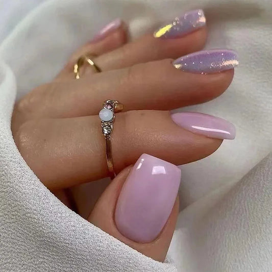 24pcs Simple Short Purple Full Cover Nail Tips with Aurora Shiny Powder False Nails Press on Ins Square Fake Nails Finished Sets