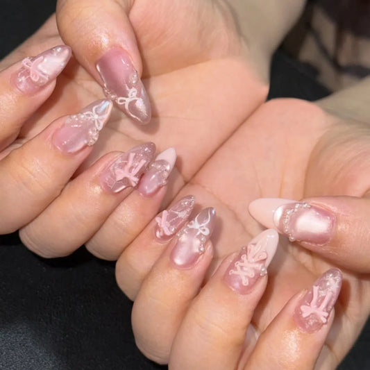 24Pcs Cat's Eye Pink French False Nails Mid-length Almond Reusable Fake Nails 3D Bow Flower Strawberry Grid Press on Nails Tips