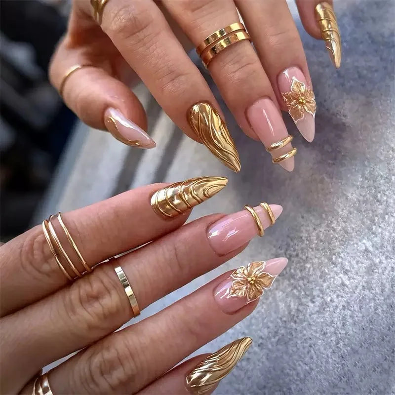 24Pcs Light Blue Smudge Fake Nails Press on Almond Gold Leaf Removable Long Full Cover Nail Tips Wearable Finished Nail Art