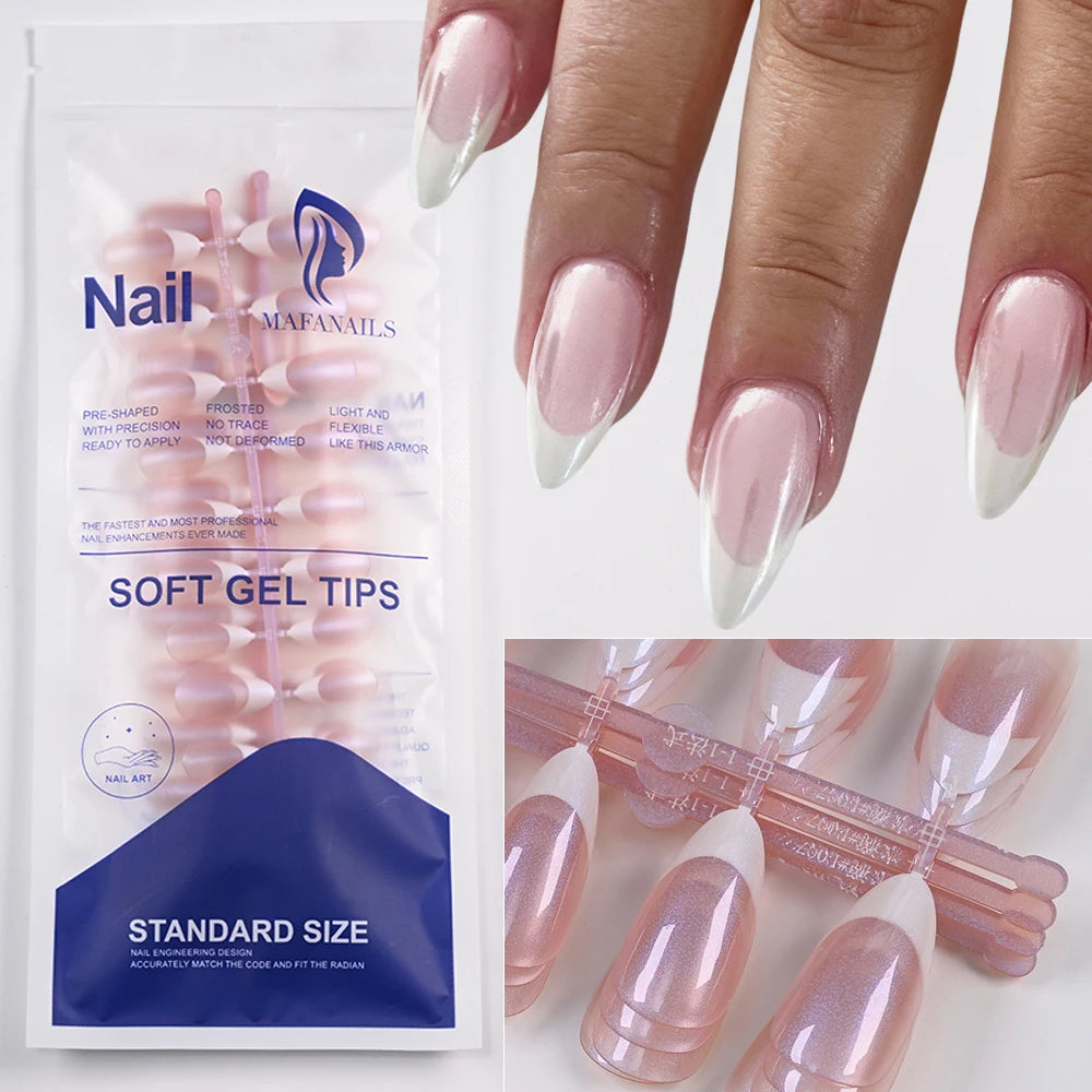 120pcs Sparkling Pearlescent Reusable Acrylic Fake Nails Chrome Plated Pink Almond False Nails Full Cover French Press-On Nails*