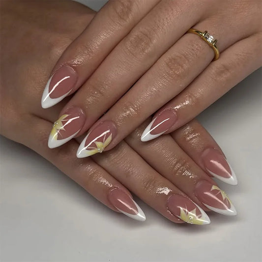 24Pcs Yellow Flower Pearl Design Press on Fake Nails Mid-length Almond False Nails White French Detachable Full Cover Nails Tips
