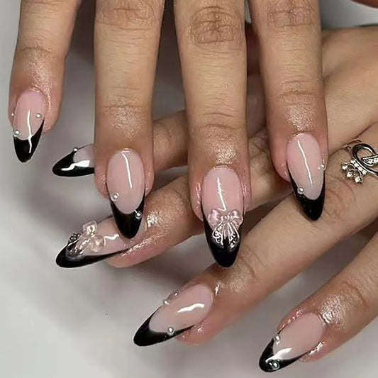 24pcs Mid-length Almond Press on Nails Sets Fashion Flower False Nails with Golden Lines Design Fake Nail Reusable Pink Manicure