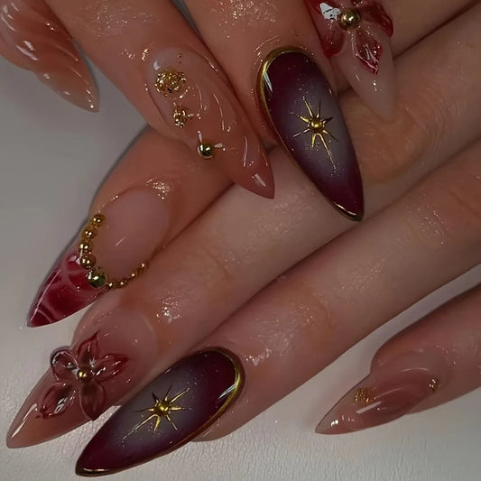 24Pcs Wine Red French Manicure Tips Full Cover 3D Flower Starburst Press on False Nails Mid-length Almond Reusable Fake Nail Tip