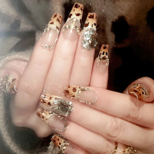 24Pcs Fake Nails Leopard Tip Press on Nails Rhinestone False Nails Press On Nails Artificial Nail Tips For Women Nail Tips