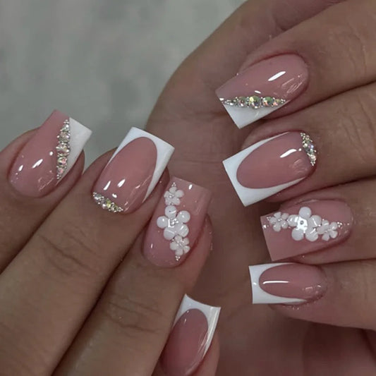 24pcs Short Square Fake Nails White French with Diamond Design Press on Nails Tips Flower Decoration Nude Pink Ballet False Nail