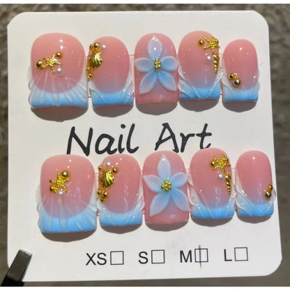 10pcs Yellow Leopard Print French Handmade Press on Nails Short Square False Nails 3D Flower Fake Nail Summer Wearable Nail Art
