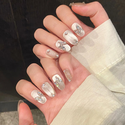 10pcs Handmade Press On Nails Clear Glass Beads Cat's Eye False Nails With Crystal Butterfly Designs Charming Korean Fake Nail