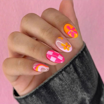 24pcs French Press on Nails Tips Wearable Sweet Flower Gilded Design Full Cover Nail Art Short Almond Fake Nails Sets False Nail