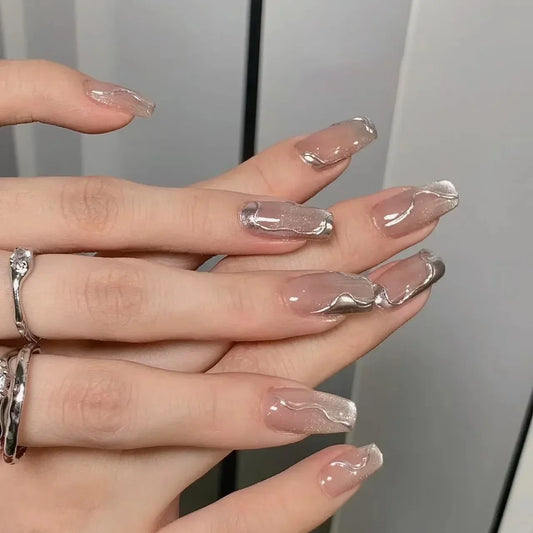 10Pcs Handmade Press on Nails Full Cover Cat Eye Rhinestone Design Nude Color French Ballerina False Nails Manicure Nail Tips