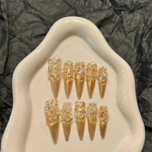 10pcs Pure Hand Pressed Stiletto Nail Art,Nice Fake Nail,Sparkling Golden Palace Style With Colorful Accessories,Ideal For Women