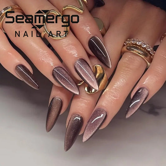 24PCS French Cat Eye Fake Nails Gold Plated Removable Press on Nails Long Almond Shape European American Spicy Cool False Nails