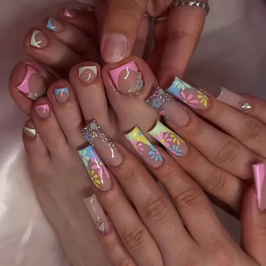 24pcs Flower Stick on Nail Finished French Pink Long Square Fake Nails Butterfly Rhinestone Design False Nail Tip Press on Nails