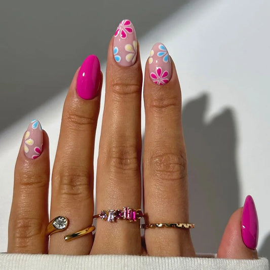 24pcs Flower Press on False Nails Sets Colorful Flower Pattern Full Cover Nail Tips Reusable Simple Short Almond Fake Nails Art