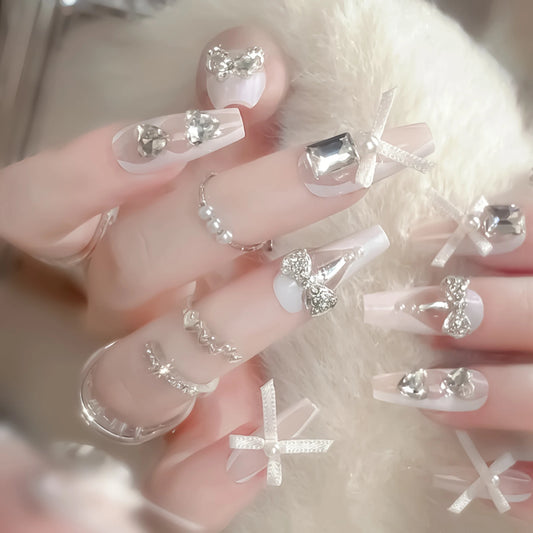24pcs White Ribbon Bowknots Press On Nails Flash Rhinestone Decor Gentle False Nails Mid-length Coffin French Style Fake Nail