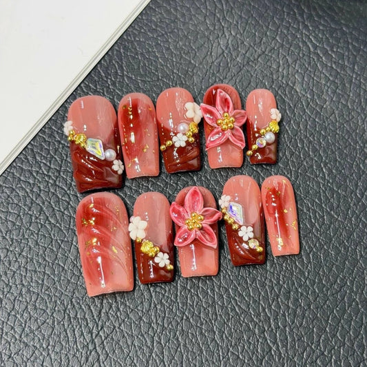 10Pcs French Ballet Handmade Retro Exquisite False Nails Hand-painted Charming Flowers Nail Tips Summer Ocean Luxurious Nail Art