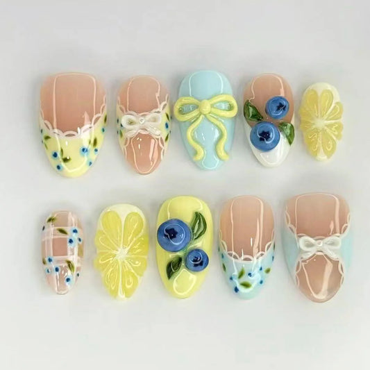 24Pcs Short Almond Press on False Nails with Pink Smudge 3D Butterfly Flower Fake Nails Full Cover Pearl Wearable Manicure Tips