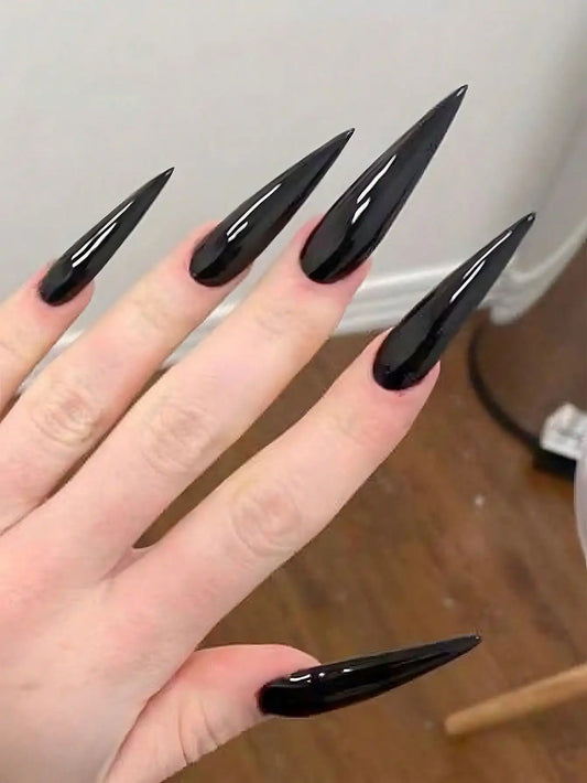 24Pcs Black Long Stiletto Press On Nails Fashion Minimalist Style Fake Nails Glossy Full Cover False Nails For Women Girls Daily