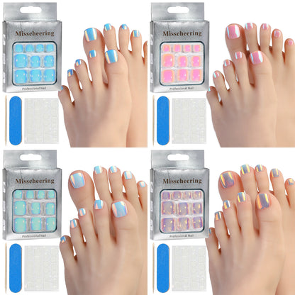24pcs Glitter Fake Toenails With Glue French Line Glitter False Toe Nails Art Detachable Press On Toenails Acrylic Nails Tips