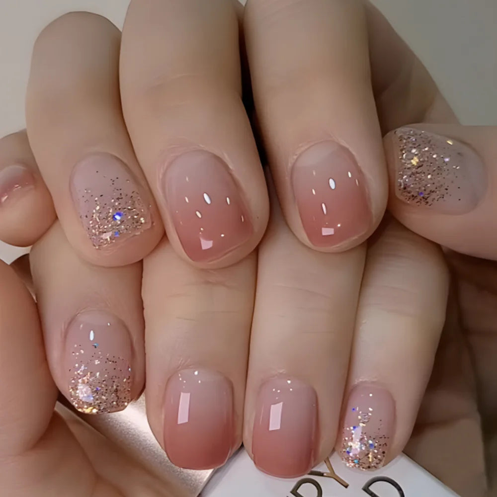 24pcs Flower Stick on Nail Tips Blue Square Nails Sets Short Ballet Fake Nail Finished Simple Shiny Powder Press on False Nails