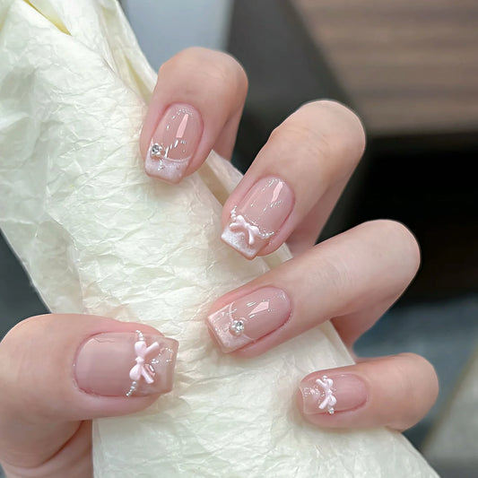 10pcs high-end French pure and sensual princess style, pink cat-eye polka dot bow handmade fake nails, High-end and light luxury