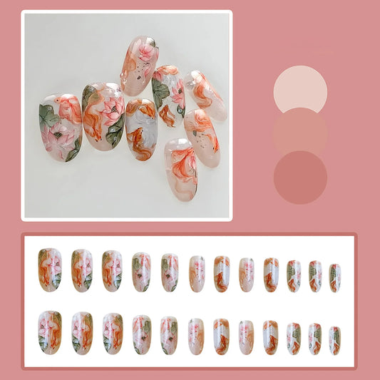 Artificial Nails 24 Pieces Flower Design Summer Sweet Pure Desire Long Round Fake Nails for Women