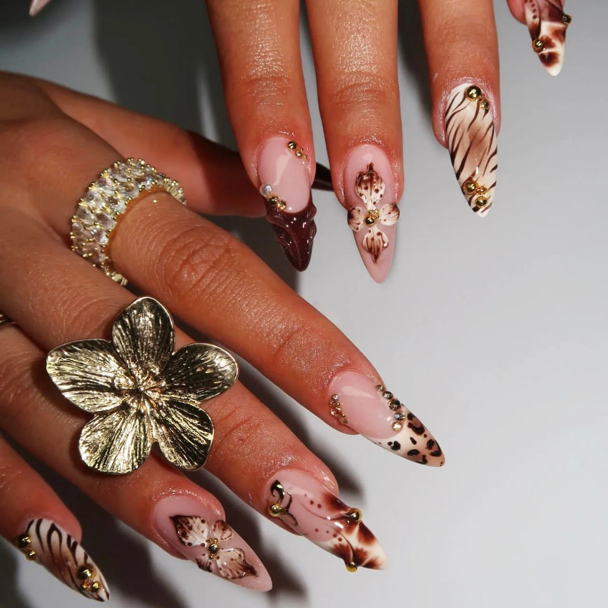 Harvest – Brown Floral 3D Almond Press-On Nails