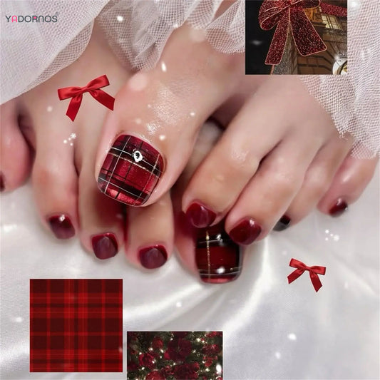 24pcs Wine-red Plaid Press On Nails For Foot Charming Short Sqaure Shaped Fake Toenails Women Girls Summer False Toenails