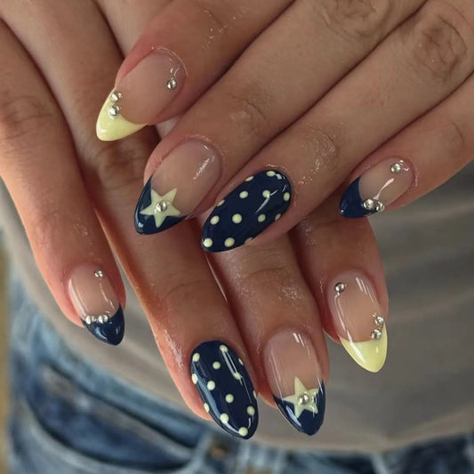 24Pcs Blue Almond False Nails Yellow French Press On Nails Five-pointed Star/Polka Dot Printed Y2K Girls Finished Fake Nails