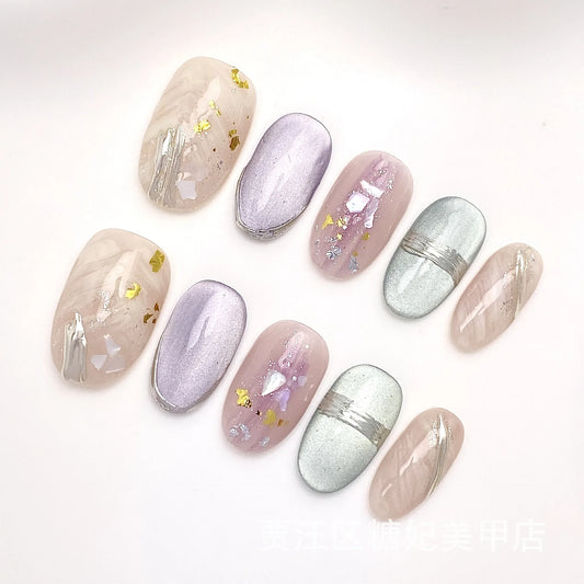 10Pcs Mid-length Almond Handmade Press on Fake Nails Cat's Eye Gilded Flower Design False Nails Detachable Full Cover Nails Tips