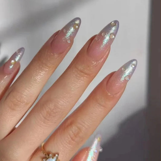 24pcs Wearable Rhinestone Press on Nails Sets Shiny Powder Mid-length Almond False Nails Simple Round Head Pink Fake Nail Tips