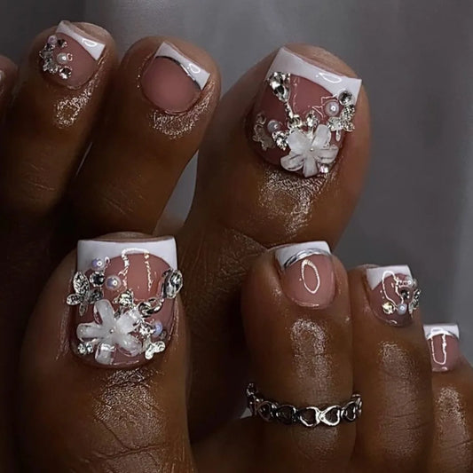 24pcs Summer Pink Toenails Sets French Red Fake Nail Simple Flower Design Short Square False Nail Tips Foot Decor Press on Nails