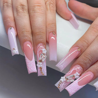 24Pcs Long Square Head French Fake Nail Tips 3D Love Heart Design Press on Nails with Rhinestone Pattern Wearable False Nail Art