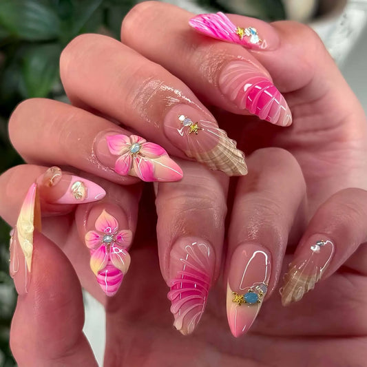 24Pcs/box False Nails 3D Flower Starfish Decoration Almond Wearable Fake Nail French Nails Full Cover Acrylic Press on Nail Tips