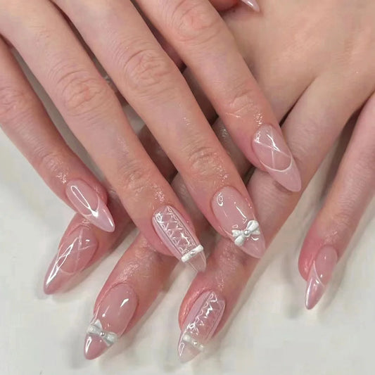 24pcs Pink French Press on Nails 3D Wave Design Almond False Nails Patch Ins Fashion Girl Fake Nails Tips Wearable Full Cover