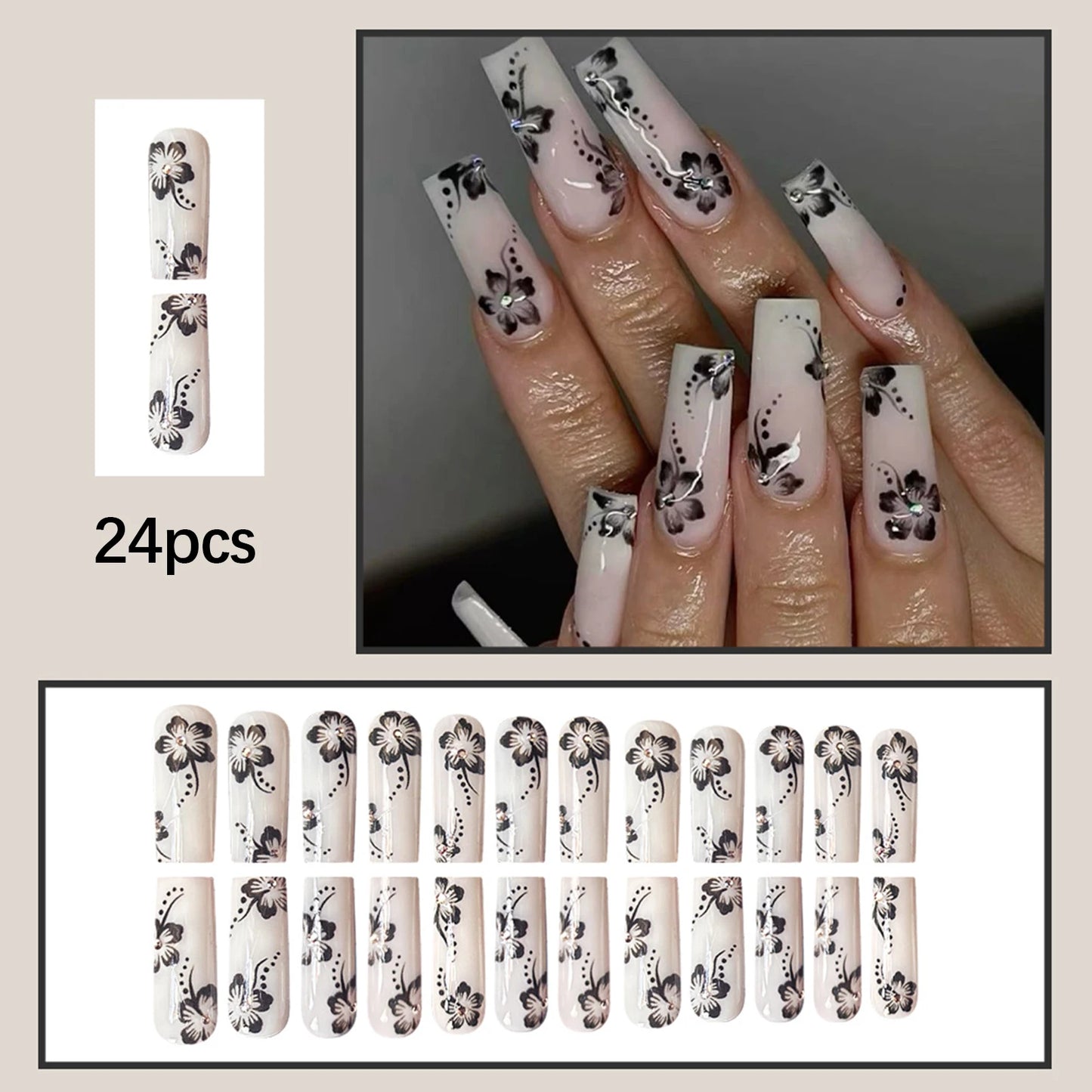 White Long Coffin Fake Nails Spicy Girls Charm Manicure 24Pcs Women Ballerina Press On Nails Black Flower Printed Nails Art