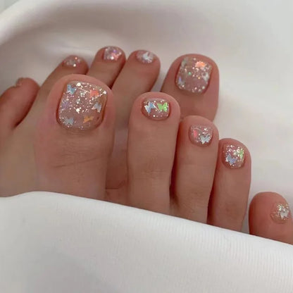24pcs Press on Toe Nails Nude Crystal Cat's Eye Ultra Thin Bright Diamond Full Coverage Toenail for Women&Girl Removable Toenail