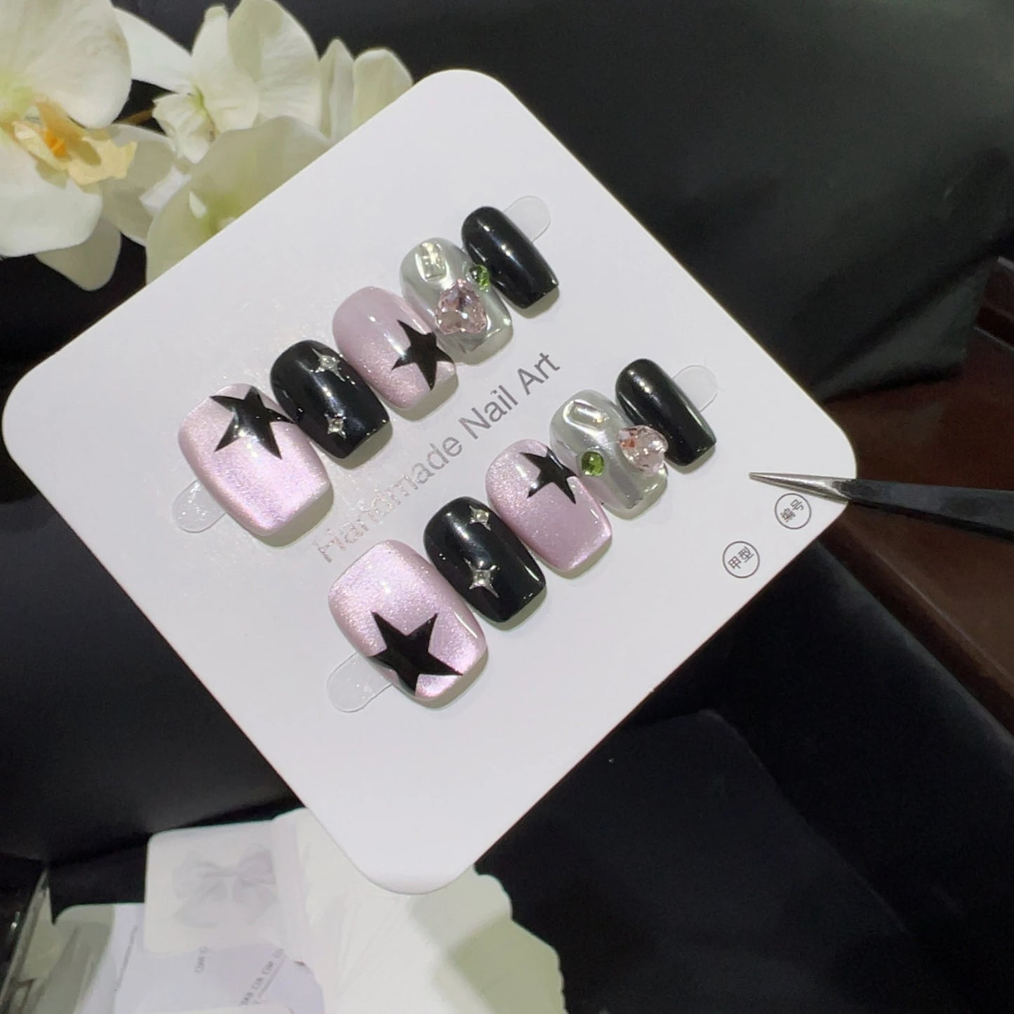 10pcs high-end Cat-eye five-pointed star handmade fake nails, Short nail decoration patches for girls