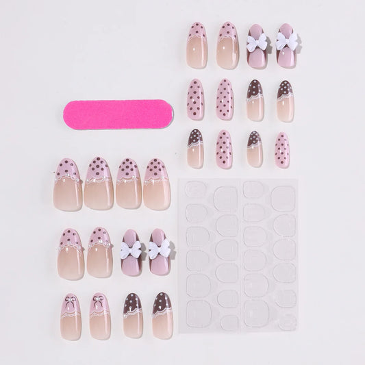 24PCS Cute Bow Lace Design False Nails Pink Brown Polka Dot Almond Shape Press on Nails French Tips Sweet Kawaii Nail Art Daily