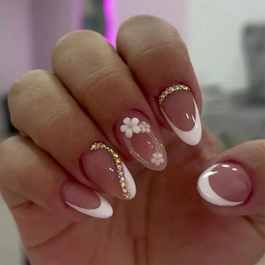 24pcs French Fake Nails Finished Almond Nails Set with Pink White Bow Design False Nail Art Simple Detachable Press on Nail Tips
