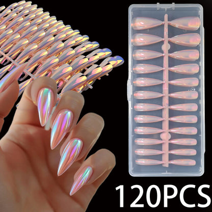 120Pcs extra long pink electroplated stiletto press-on nails, glossy texture, detachable design, easily upgrade your nail style,