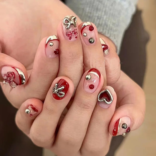 10Pcs Wine Red Handmade Press on Nails Fake Nails Full Cover Rhinestones Bow Heart Removable Artificial Short Round Nails Tips