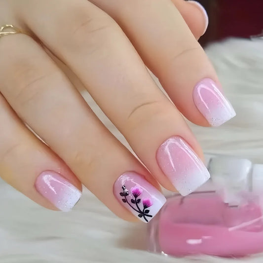 24pcs Sweet Cool False Nails Gradient French Fake Nail Tips with Purple Flowers Design Short Square Press on Nails Colorful Nail