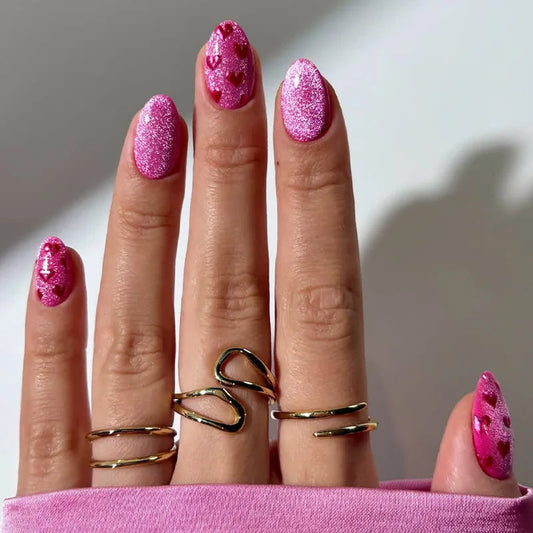 24Pcs Simple Pink Cat's Eye Press on Fake Nails Love Heart Reusable Finished Full Cover Nails Tips Mid-length Almond False Nails