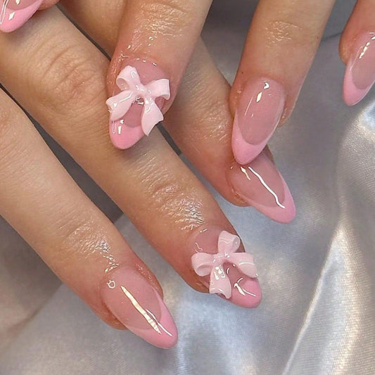 24pcs Instantly Upgrade Your Look With Pink French Bow Design False Nail Set 1pc Nail File & 1Nail Glue Sticker Kit Nails