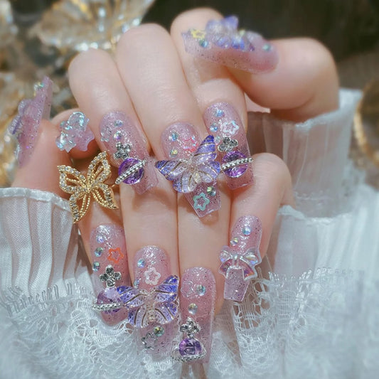 10PCS Nail Manual Pressing Nail Medium-Sized Long Coffin Pink Purple Butterfly Planet Design Fake Tip