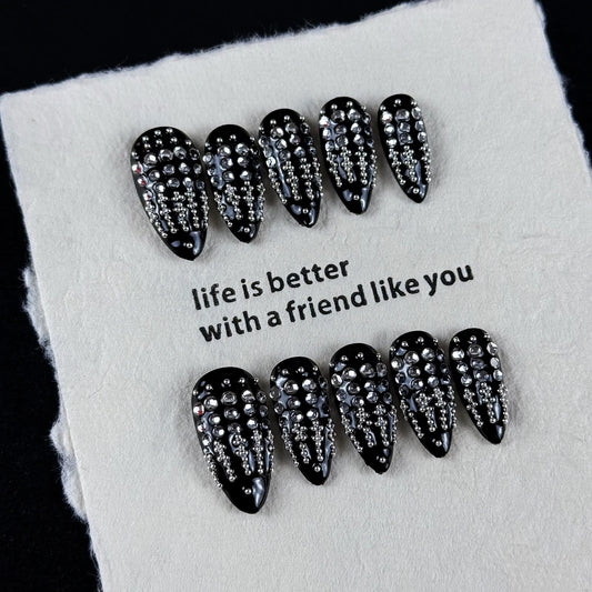 10pcs high-end Dark-themed punk junk style, hand-painted round diamonds, dazzlingly bright full of diamonds handmade fake nails