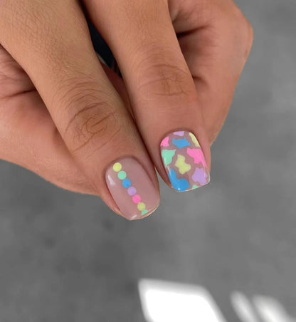 ARTAUG 24PCS Short colourful press on nails cartoon drawing press on nails cute sweety nails for girl women gift