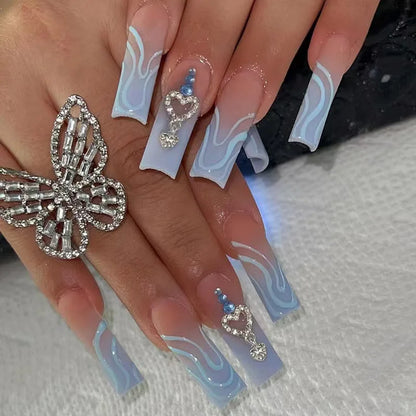24Pcs Long Square Head French Fake Nail Tips 3D Love Heart Design Press on Nails with Rhinestone Pattern Wearable False Nail Art