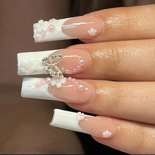 24pcs Glitter Butterfly Full Cover Nail Tips Blue French Long Square False Nails Reusable Diamond Ballet Press on Fake Nails Set