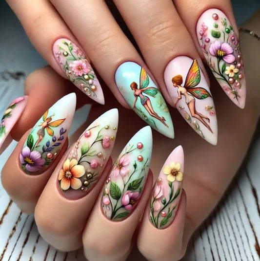 24pcs Reusable False Nail Art Flower Long Almond Press on Nails Tips Colorful Fake Nail with Glitter Golden Design Manicure Sets